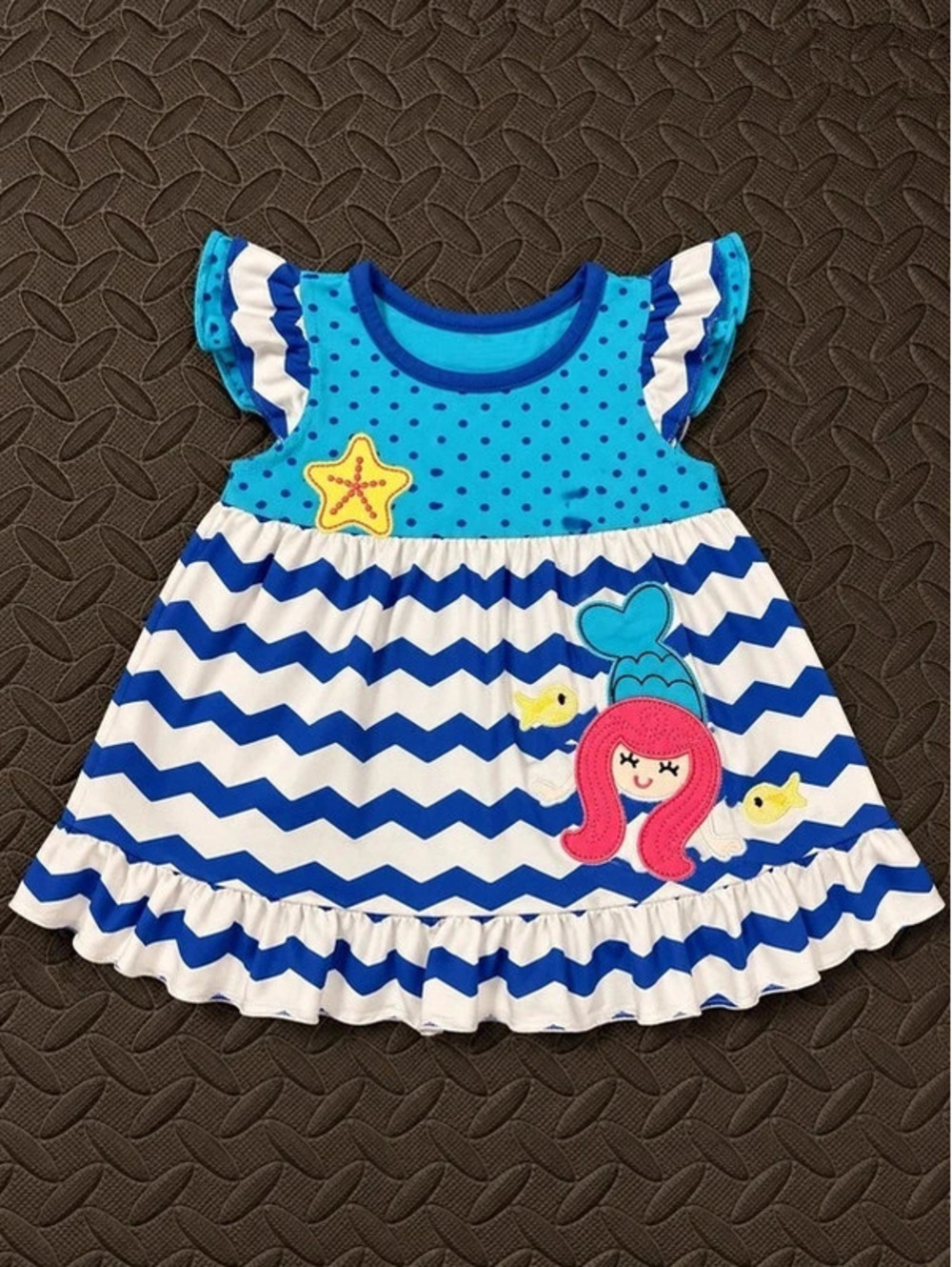 Nanette Baby Girls Mermaid Dress Blue White Chevron Appliqué 12M